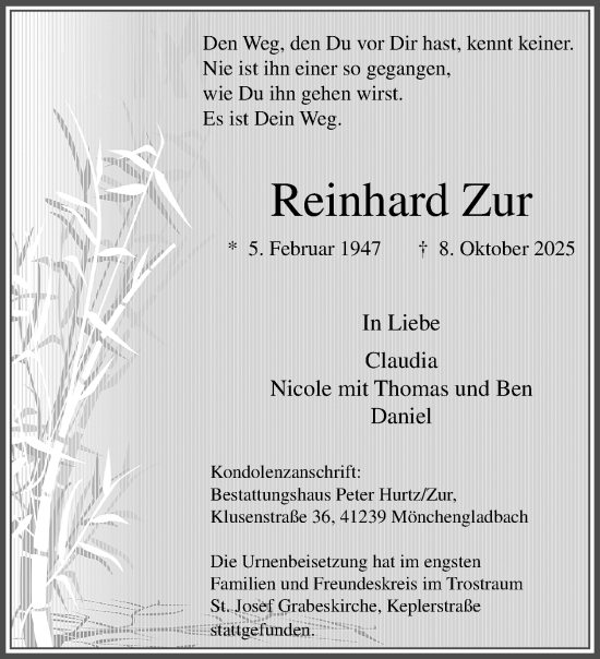 Traueranzeige von Reinhard Zur von trauer.panorama-anzeigenblatt.de