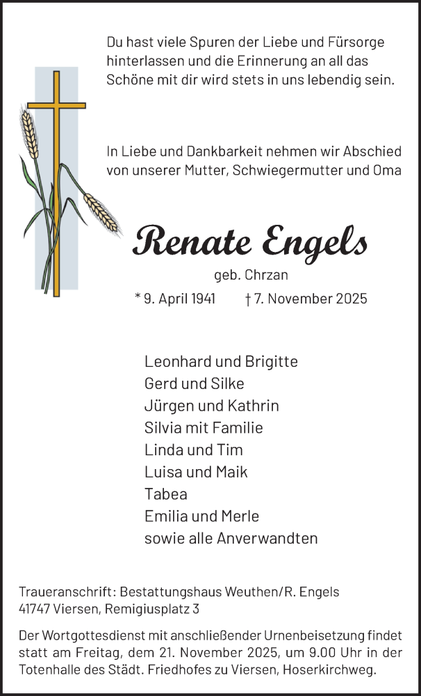  Traueranzeige für Renate Engels vom 16.11.2025 aus trauer.panorama-anzeigenblatt.de