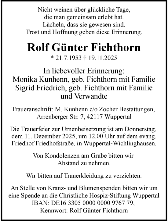 Traueranzeige von Rolf Günter Fichthorn von trauer.wuppertaler-rundschau.de