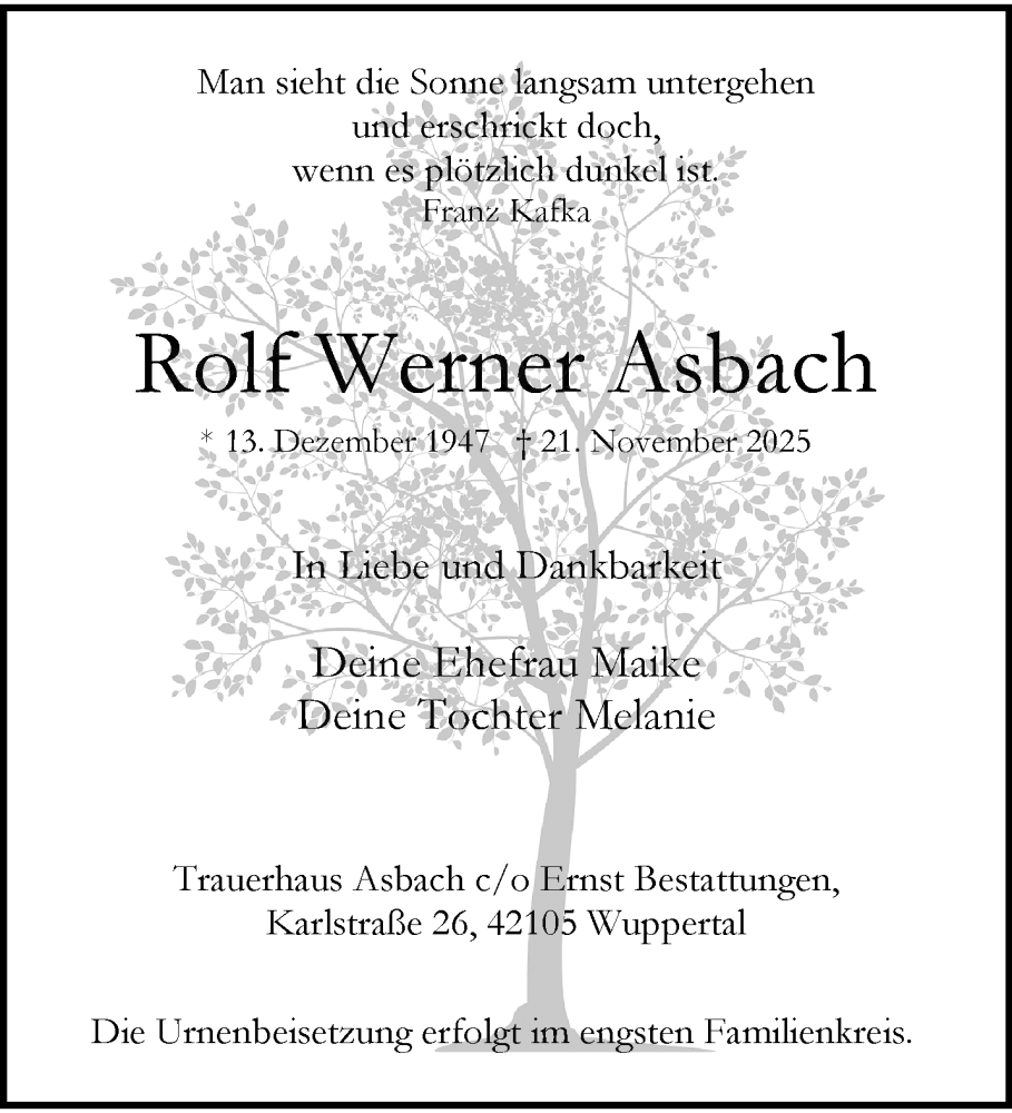  Traueranzeige für Rolf Werner Asbach vom 29.11.2025 aus trauer.wuppertaler-rundschau.de