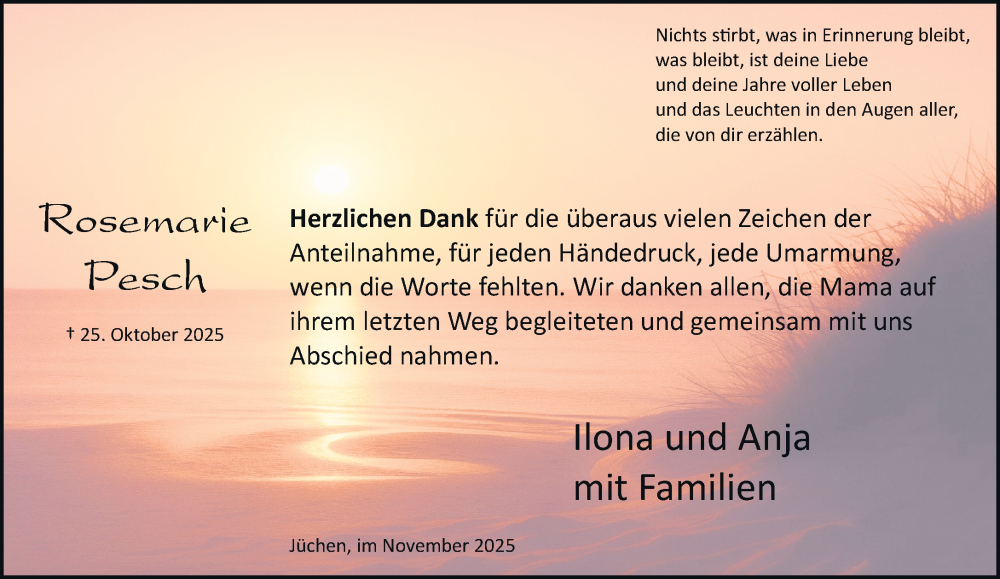  Traueranzeige für Rosemarie Pesch vom 22.11.2025 aus trauer.stadt-kurier.de