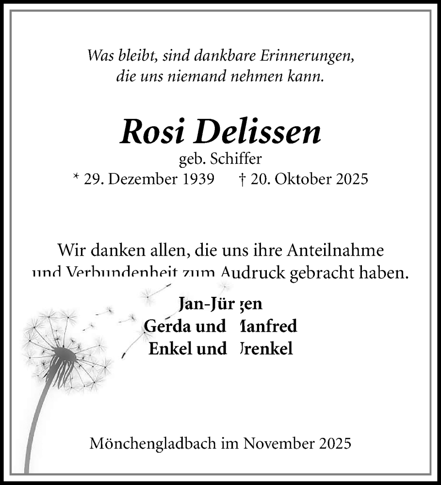  Traueranzeige für Rosi Delissen vom 23.11.2025 aus trauer.panorama-anzeigenblatt.de