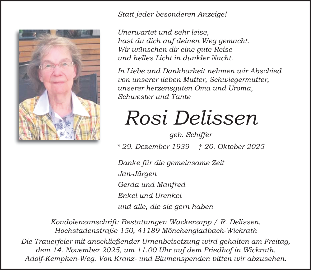  Traueranzeige für Rosi Delissen vom 09.11.2025 aus trauer.panorama-anzeigenblatt.de