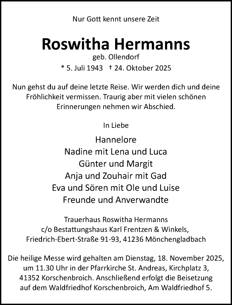  Traueranzeige für Roswitha Hermanns vom 09.11.2025 aus trauer.panorama-anzeigenblatt.de