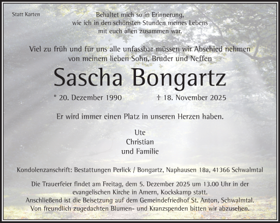 Traueranzeige von Sascha Bongartz von trauer.panorama-anzeigenblatt.de