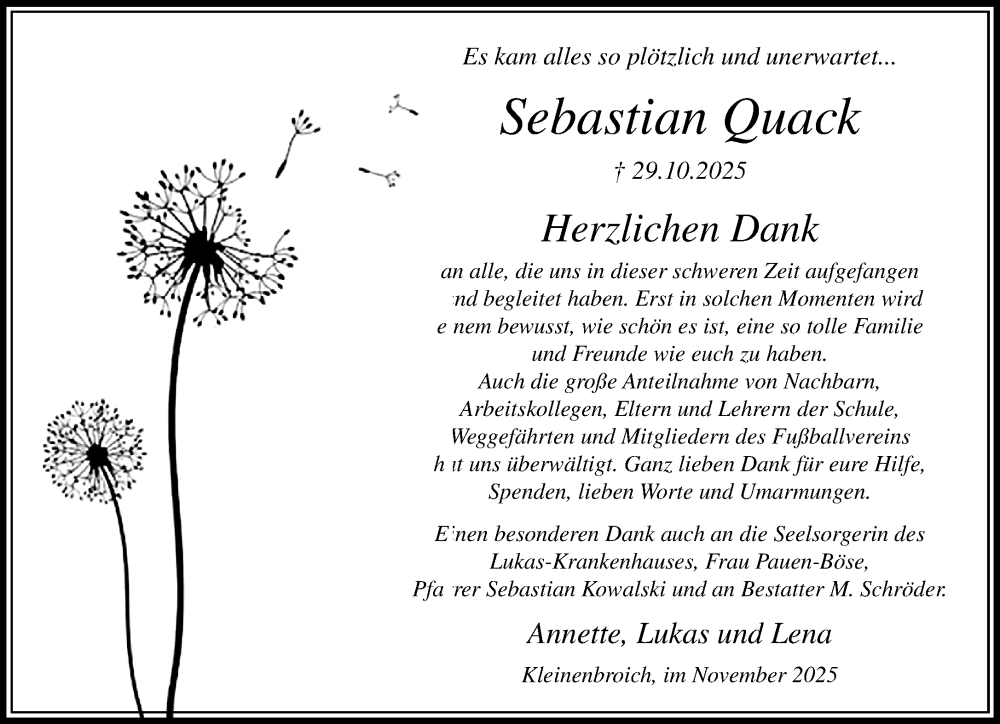 Traueranzeige für Sebastian Quack vom 16.11.2025 aus trauer.panorama-anzeigenblatt.de