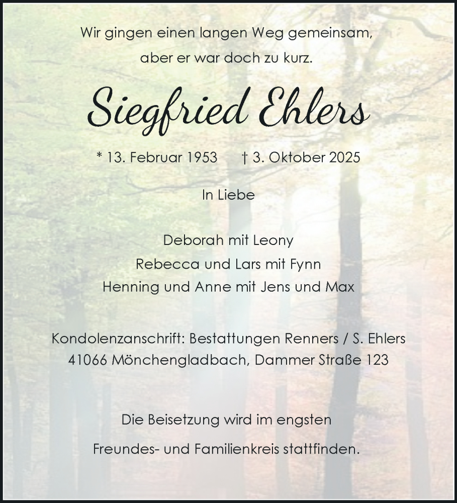  Traueranzeige für Siegfried Ehlers vom 09.11.2025 aus trauer.panorama-anzeigenblatt.de