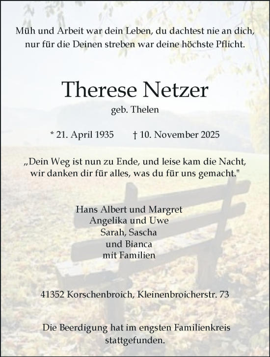 Traueranzeige von Therese Netzer von trauer.panorama-anzeigenblatt.de