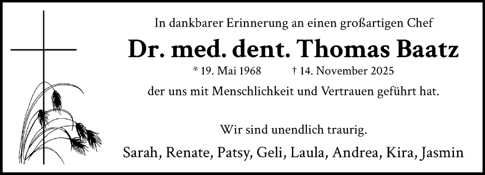  Traueranzeige für Thomas Baatz vom 23.11.2025 aus trauer.panorama-anzeigenblatt.de