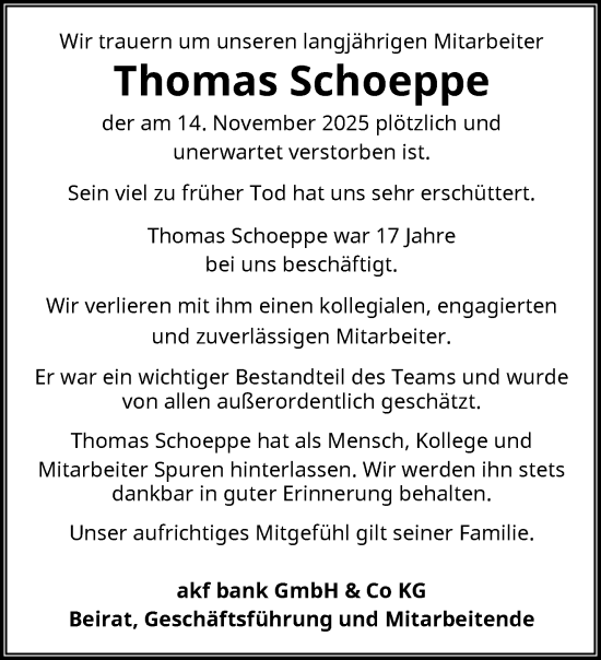 Traueranzeige von Thomas Schoeppe von trauer.wuppertaler-rundschau.de
