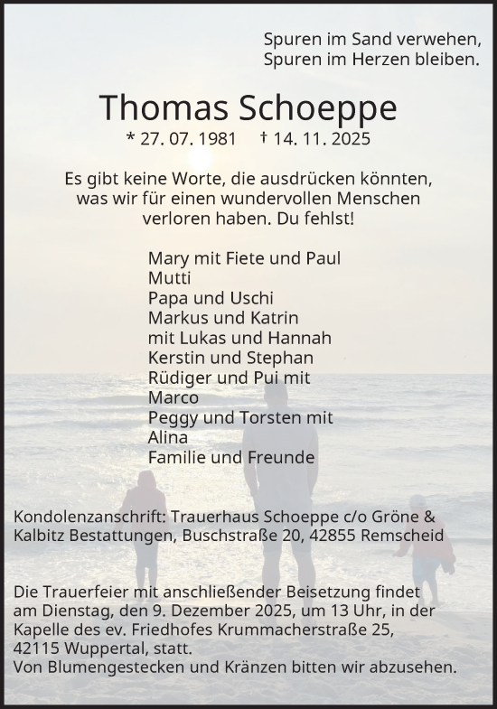 Traueranzeige von Thomas Schoeppe von trauer.wuppertaler-rundschau.de