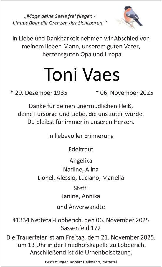 Traueranzeige von Toni Vaes von trauer.panorama-anzeigenblatt.de