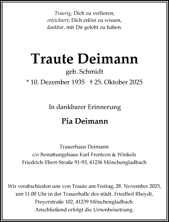 Traueranzeige von Traute Deimann von trauer.panorama-anzeigenblatt.de