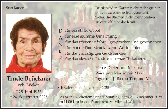 Traueranzeige von Trude Brückner von trauer.panorama-anzeigenblatt.de