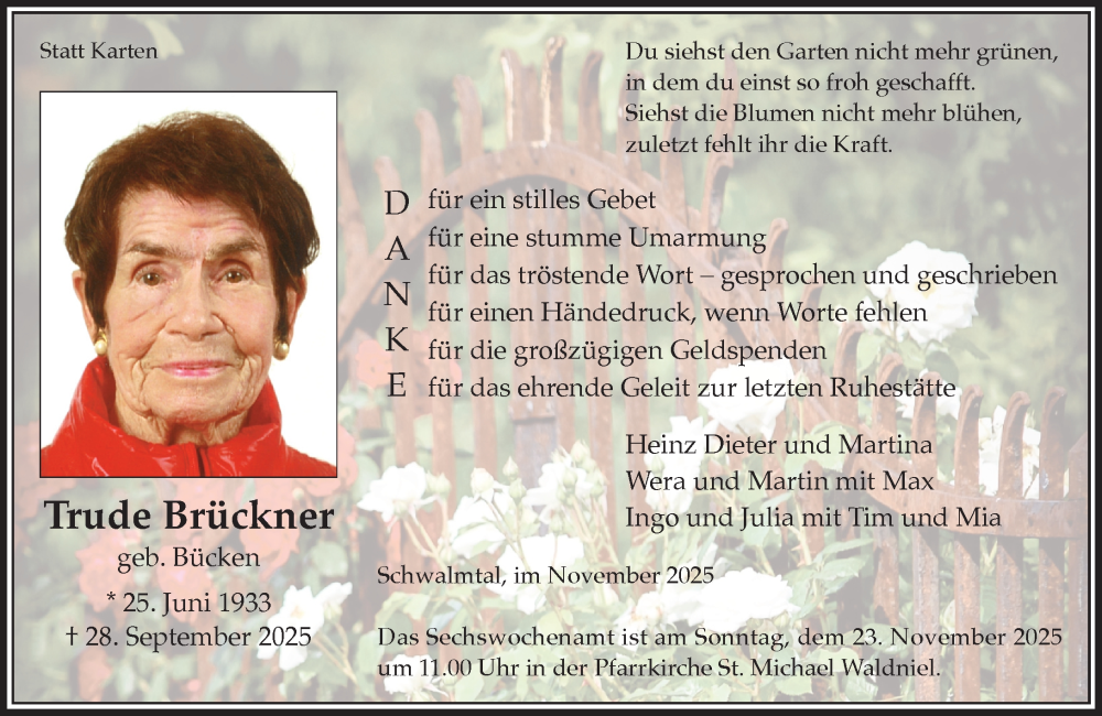  Traueranzeige für Trude Brückner vom 16.11.2025 aus trauer.panorama-anzeigenblatt.de
