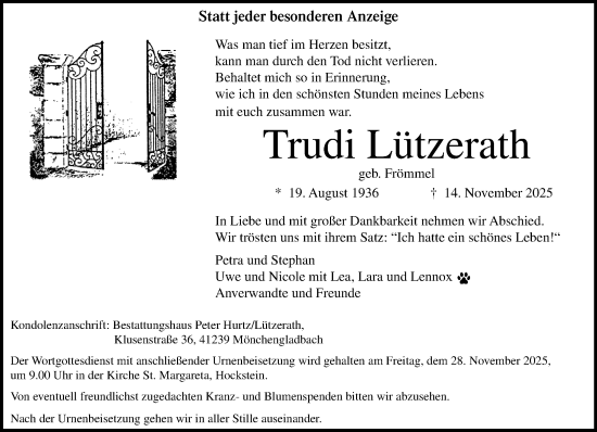 Traueranzeige von Trudi Lützerath von trauer.panorama-anzeigenblatt.de