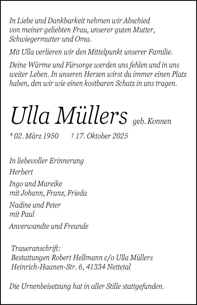  Traueranzeige für Ulla Müllers vom 02.11.2025 aus trauer.panorama-anzeigenblatt.de