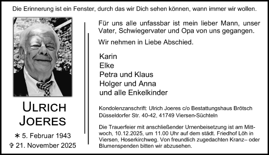 Traueranzeige von Ulrich Joeres von trauer.panorama-anzeigenblatt.de