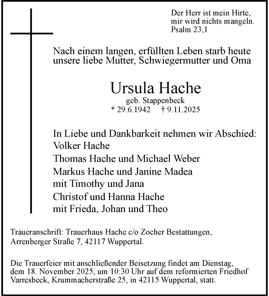  Traueranzeige für Ursula Hache vom 15.11.2025 aus trauer.wuppertaler-rundschau.de