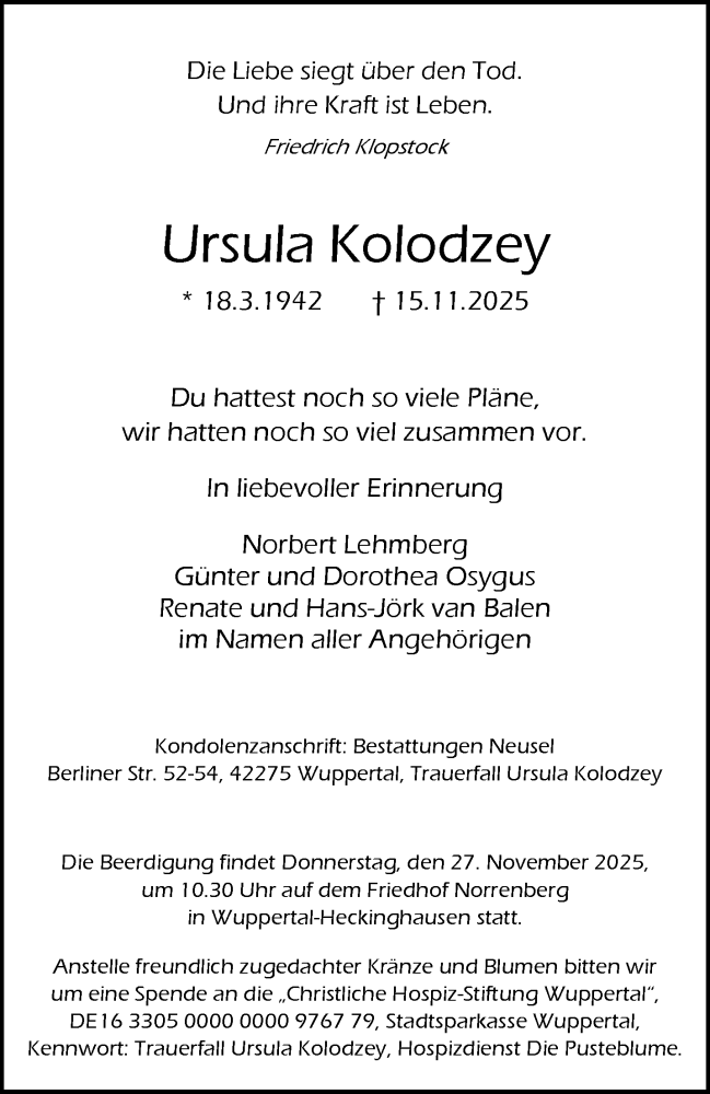  Traueranzeige für Ursula Kolodzey vom 22.11.2025 aus trauer.wuppertaler-rundschau.de
