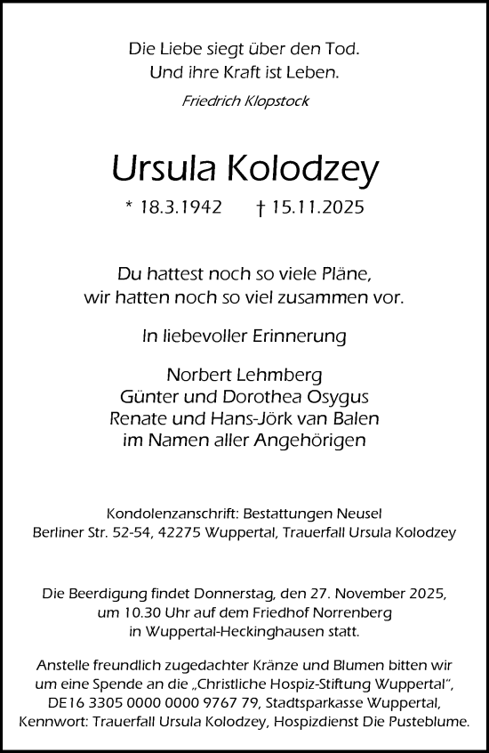 Traueranzeige von Ursula Kolodzey von trauer.wuppertaler-rundschau.de