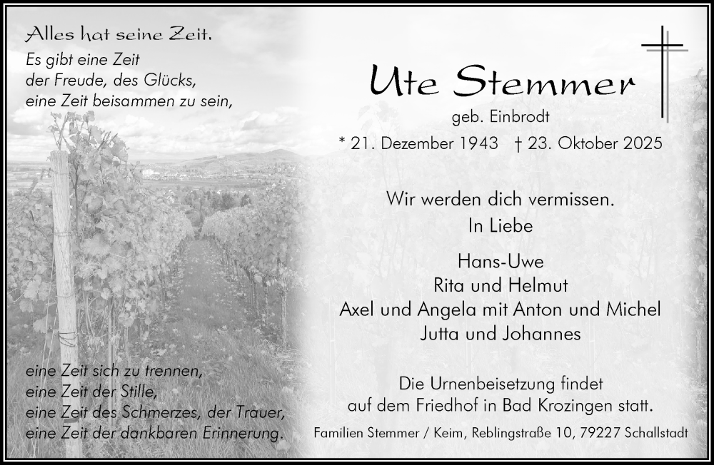  Traueranzeige für Ute Stemmer vom 07.11.2025 aus trauer.panorama-anzeigenblatt.de