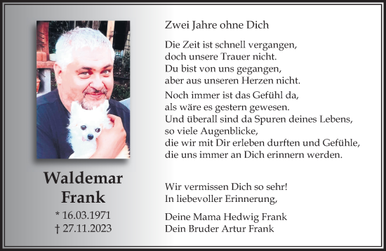 Traueranzeige von Waldemar Frank von trauer.panorama-anzeigenblatt.de
