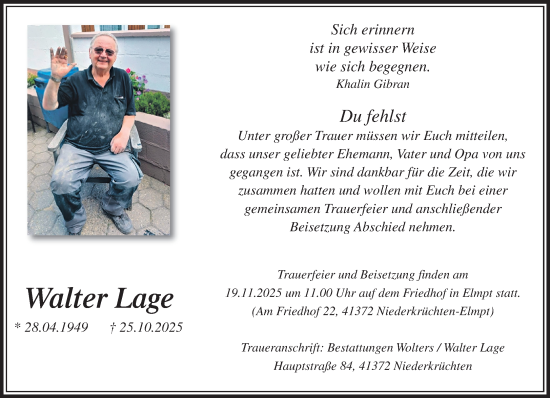Traueranzeige von Walter Lage von trauer.panorama-anzeigenblatt.de