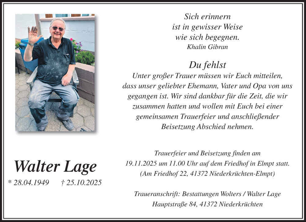  Traueranzeige für Walter Lage vom 16.11.2025 aus trauer.panorama-anzeigenblatt.de