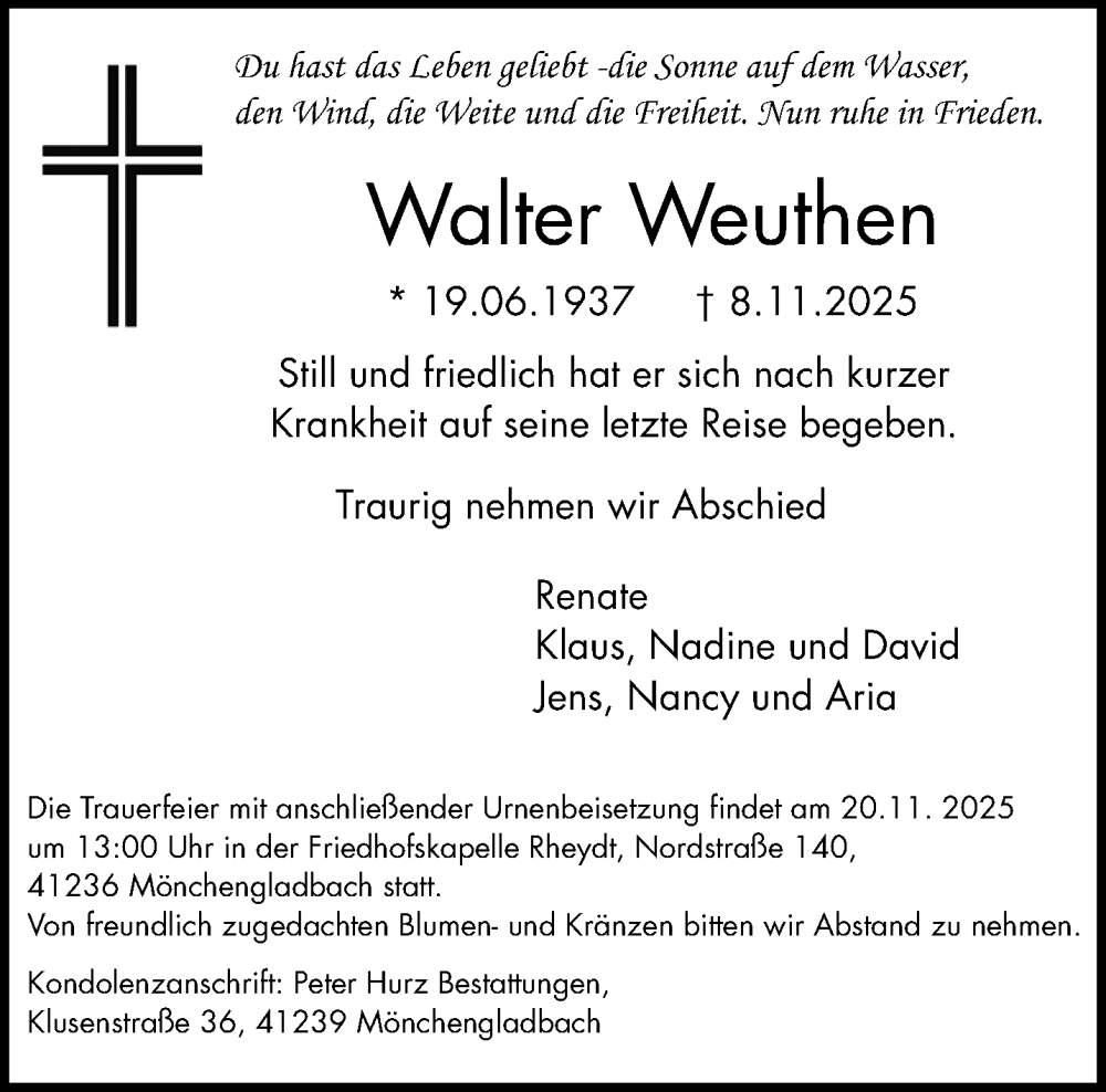  Traueranzeige für Walter Weuthen vom 16.11.2025 aus trauer.panorama-anzeigenblatt.de