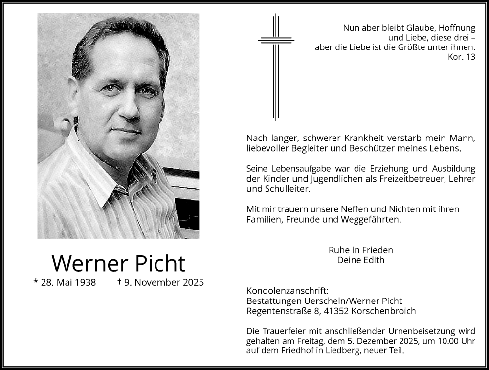  Traueranzeige für Werner Picht vom 30.11.2025 aus trauer.panorama-anzeigenblatt.de