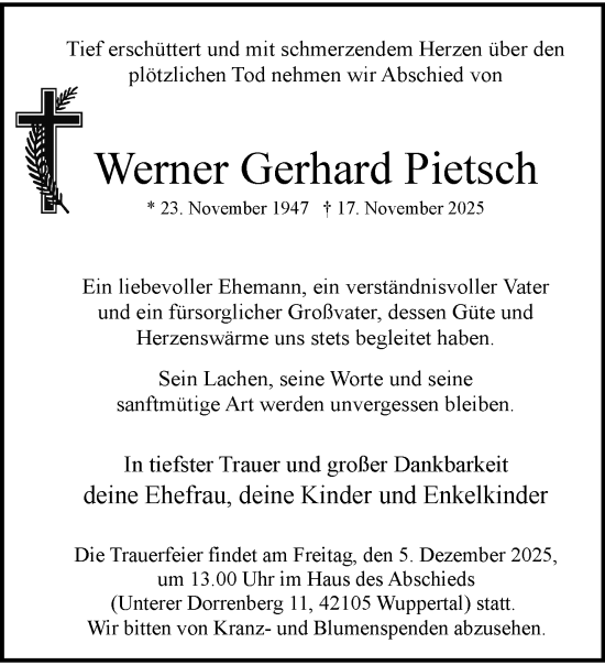 Traueranzeige von Werner Gerhard Pietsch von trauer.wuppertaler-rundschau.de