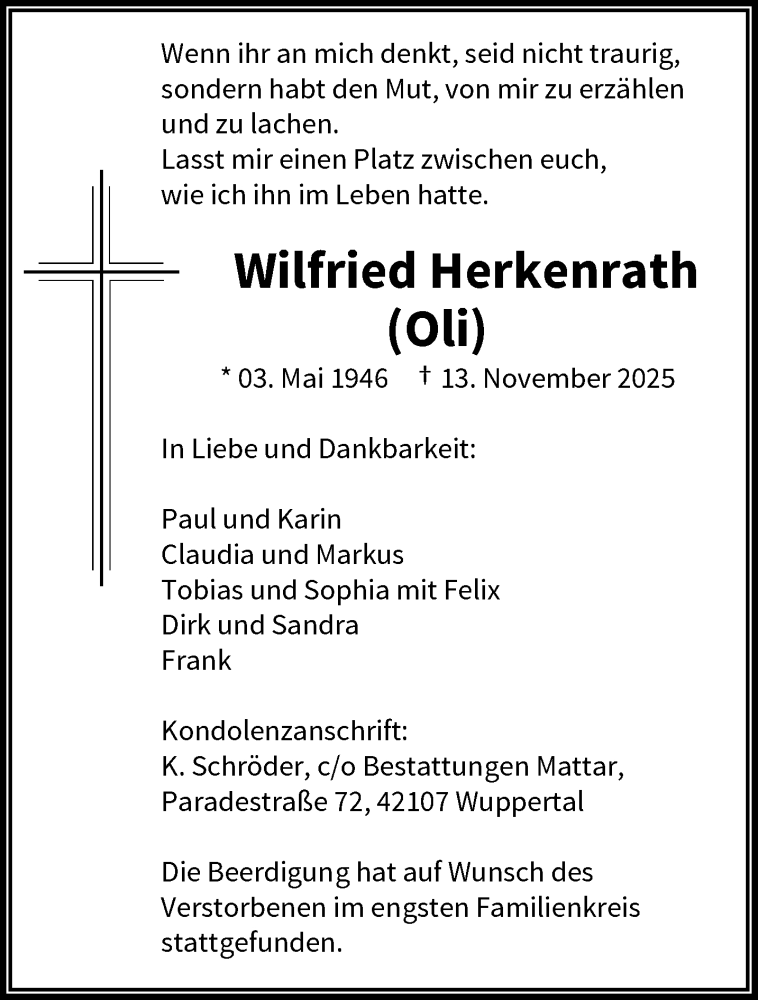 Traueranzeige für Wilfried Herkenrath vom 29.11.2025 aus trauer.wuppertaler-rundschau.de