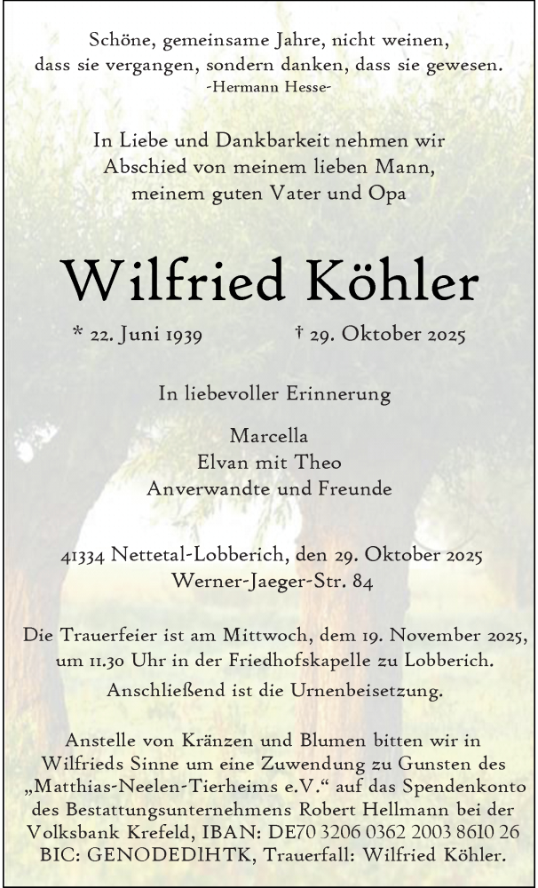  Traueranzeige für Wilfried Köhler vom 09.11.2025 aus trauer.panorama-anzeigenblatt.de