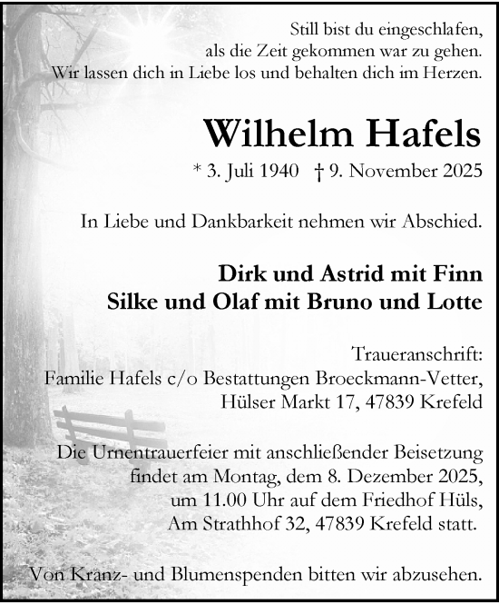 Traueranzeige von Wilhelm Hafels von trauer.panorama-anzeigenblatt.de