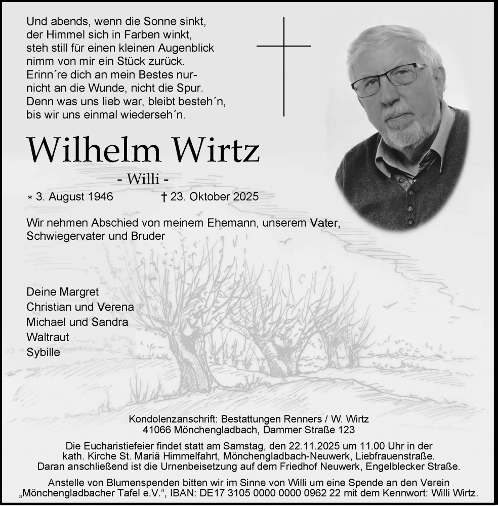  Traueranzeige für Wilhelm Wirtz vom 16.11.2025 aus trauer.panorama-anzeigenblatt.de