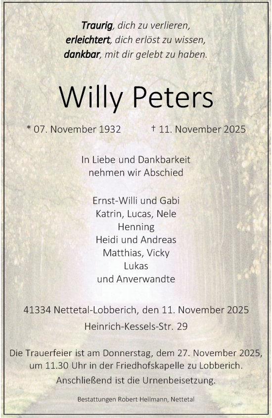 Traueranzeige von Willy Peters von trauer.panorama-anzeigenblatt.de