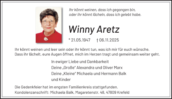 Traueranzeige von Winny Aretz von trauer.panorama-anzeigenblatt.de
