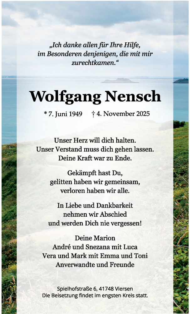  Traueranzeige für Wolfgang Nensch vom 16.11.2025 aus trauer.panorama-anzeigenblatt.de