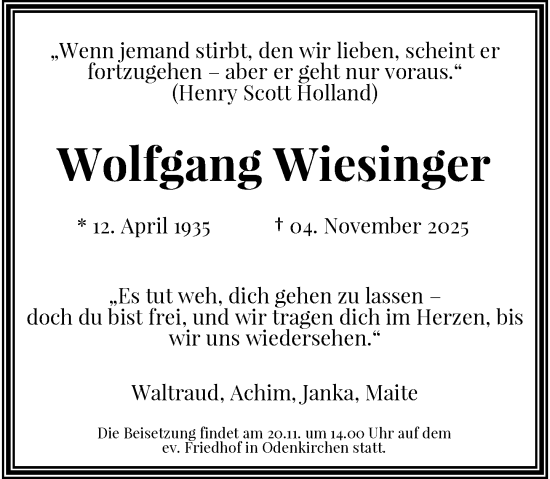 Traueranzeige von Wolfgang Wiesinger von trauer.panorama-anzeigenblatt.de