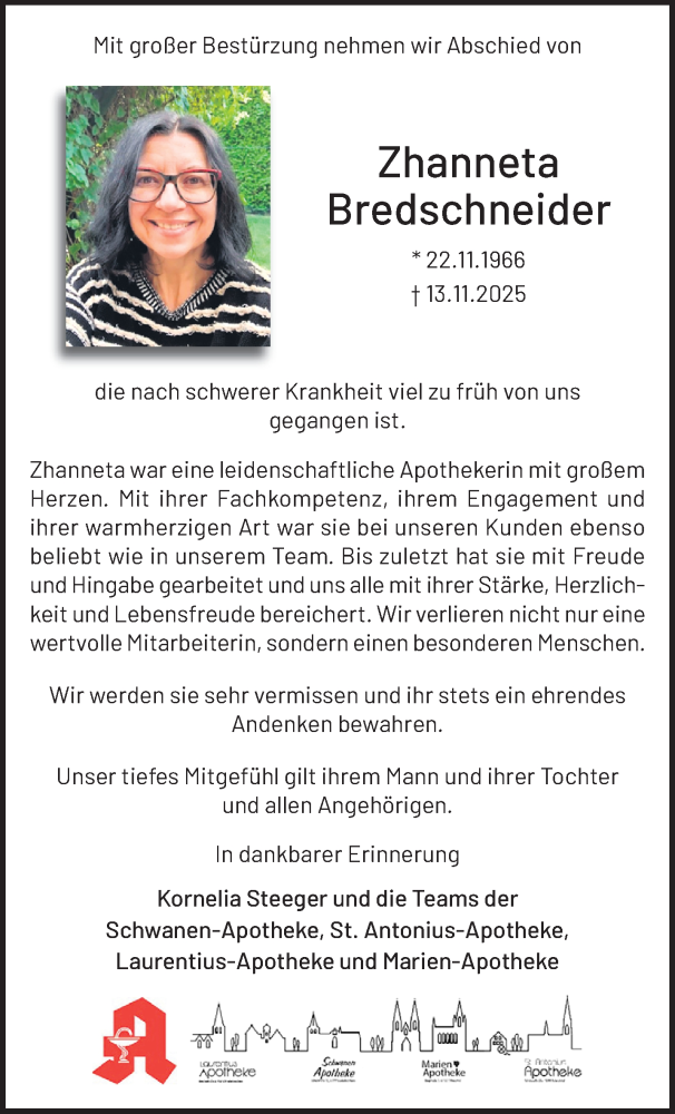  Traueranzeige für Zhanneta Bredschneider vom 23.11.2025 aus trauer.panorama-anzeigenblatt.de