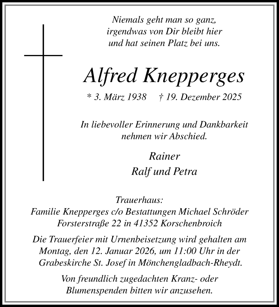  Traueranzeige für Alfred Knepperges vom 28.12.2025 aus trauer.panorama-anzeigenblatt.de