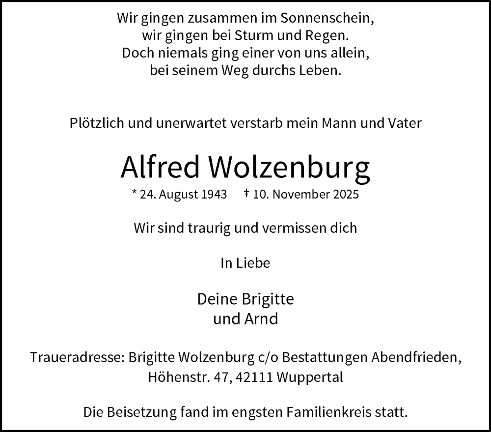  Traueranzeige für Alfred Wolzenburg vom 13.12.2025 aus trauer.wuppertaler-rundschau.de