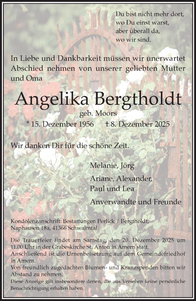  Traueranzeige für Angelika Bergtholdt vom 14.12.2025 aus trauer.panorama-anzeigenblatt.de
