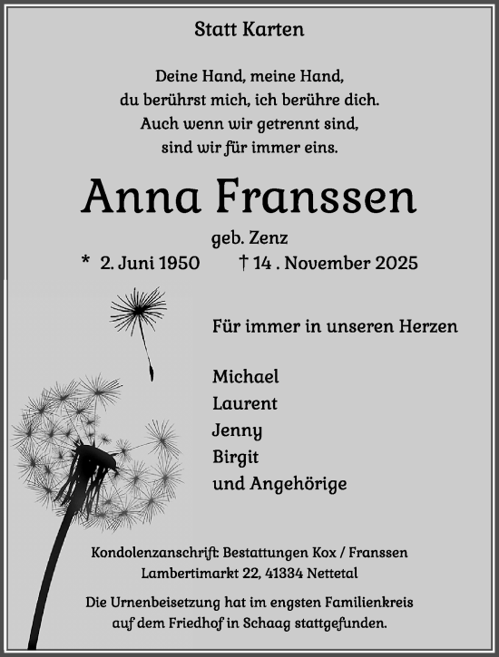 Traueranzeige von Anna Franssen von trauer.panorama-anzeigenblatt.de