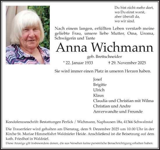 Traueranzeige von Anna Wichmann von trauer.panorama-anzeigenblatt.de