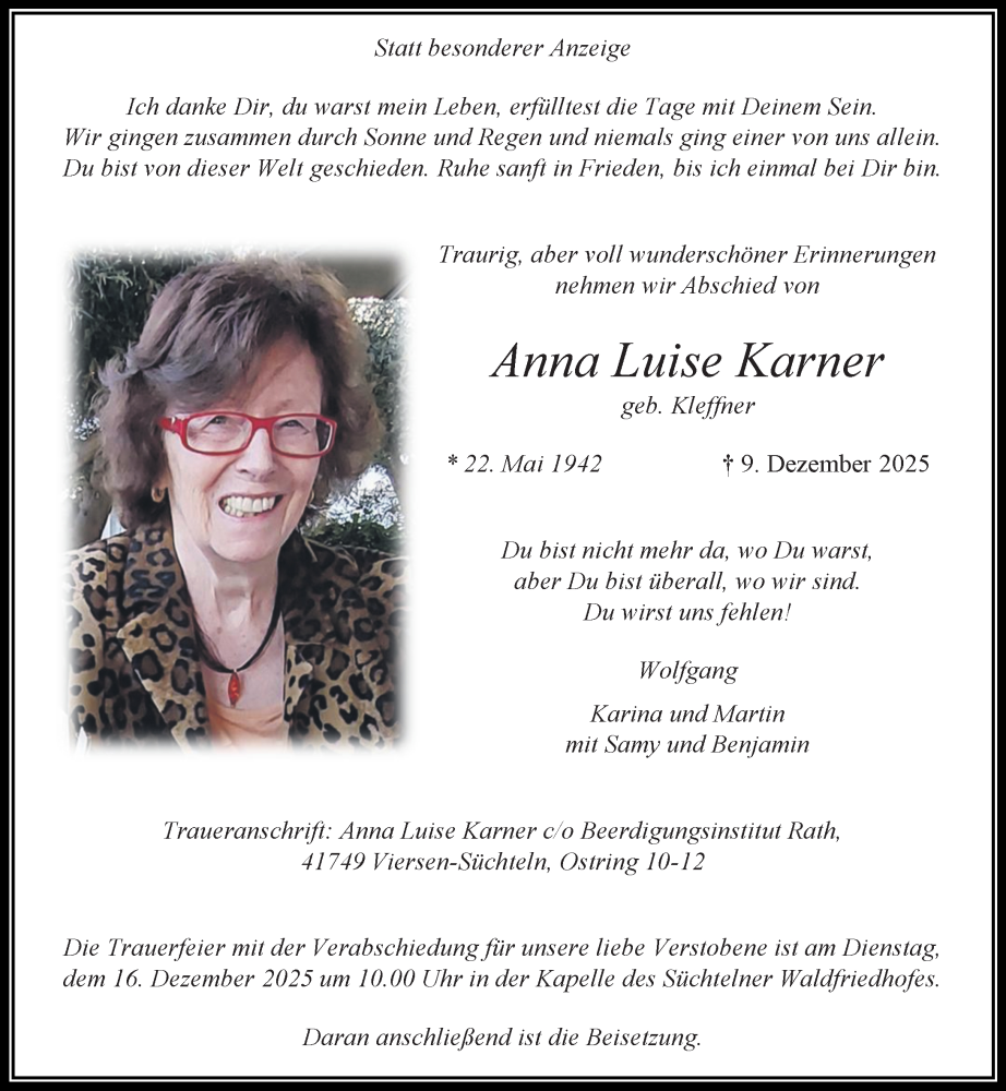  Traueranzeige für Anna Luise Karner vom 14.12.2025 aus trauer.panorama-anzeigenblatt.de