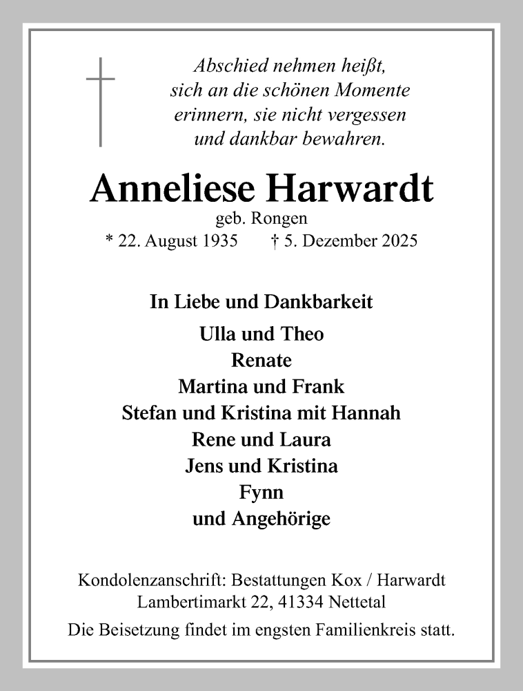  Traueranzeige für Anneliese Harwardt vom 14.12.2025 aus trauer.panorama-anzeigenblatt.de