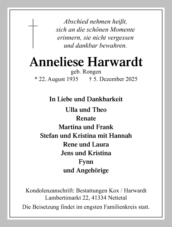 Traueranzeige von Anneliese Harwardt von trauer.panorama-anzeigenblatt.de