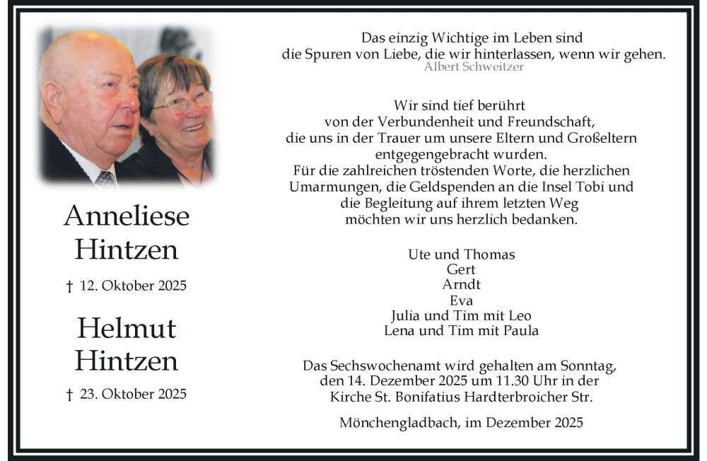  Traueranzeige für Anneliese Hintzen vom 07.12.2025 aus trauer.panorama-anzeigenblatt.de
